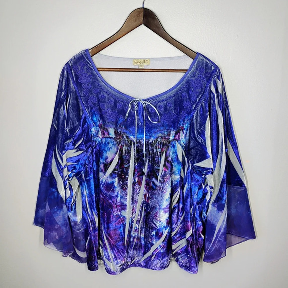 One World Velour Flare Sheer Sleeve Top Embroidered Purple Fairycore Size XL - Picture 1 of 13